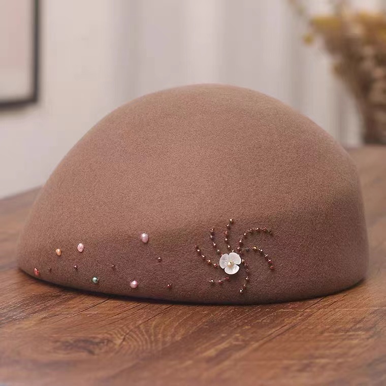 浒城古娘秋冬时尚百搭风羊毛英伦手工钉珠贝雷帽英伦女士-BLM002
