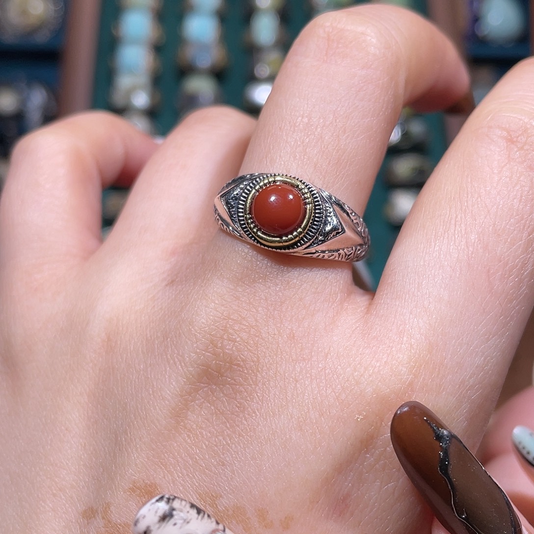 南红玛瑙银S925镶嵌戒指