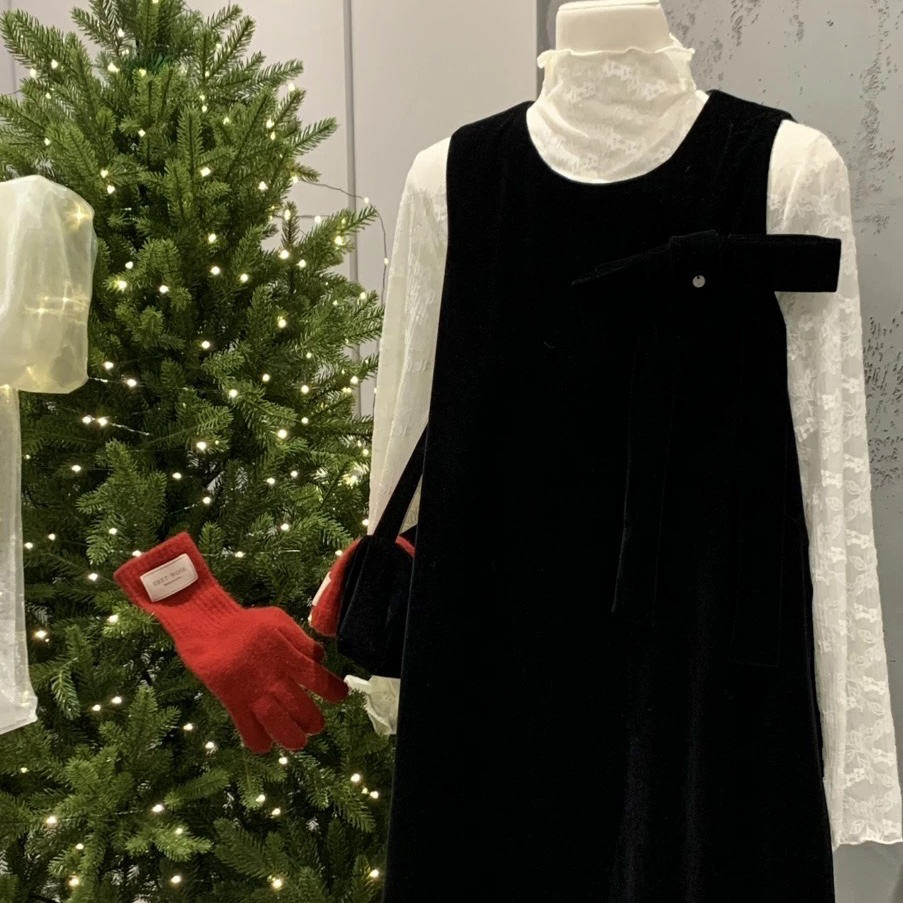 【圣诞快乐】韩系甜美风蝴蝶结背带连衣长裙搭配澳绒T恤