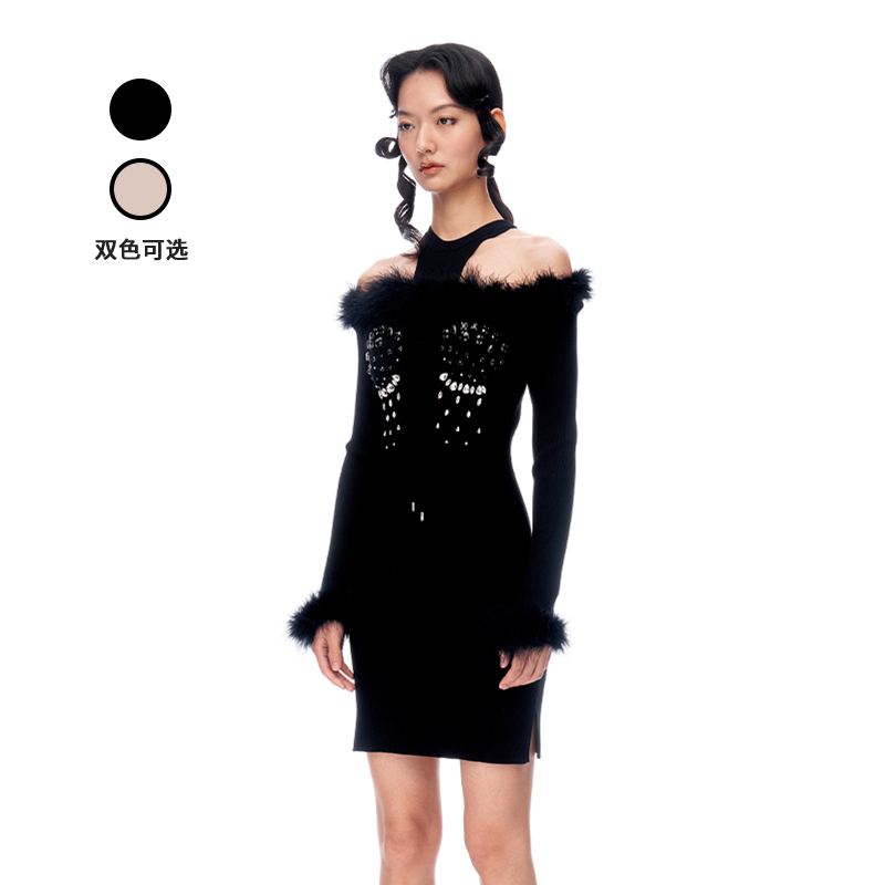 【粉丝专享】LE FAME/拉飞姆 钉钻羽毛装饰镂空针织连衣裙K194