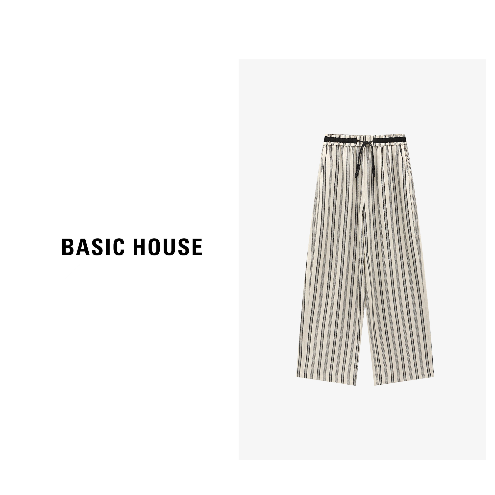 Basic House/百家好夏季亚麻宽松休闲直筒竖条纹长裤-B0625B5EOV2