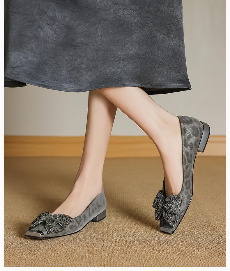 2026新款浅口方头豹纹蝴蝶结粗跟小香风单鞋舒适软底时髦百搭女鞋