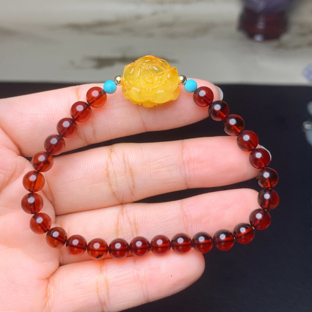 琥珀/蜜蜡手链天然蜜蜡富贵花开手链琥珀蜜蜡牡丹花手串手链女