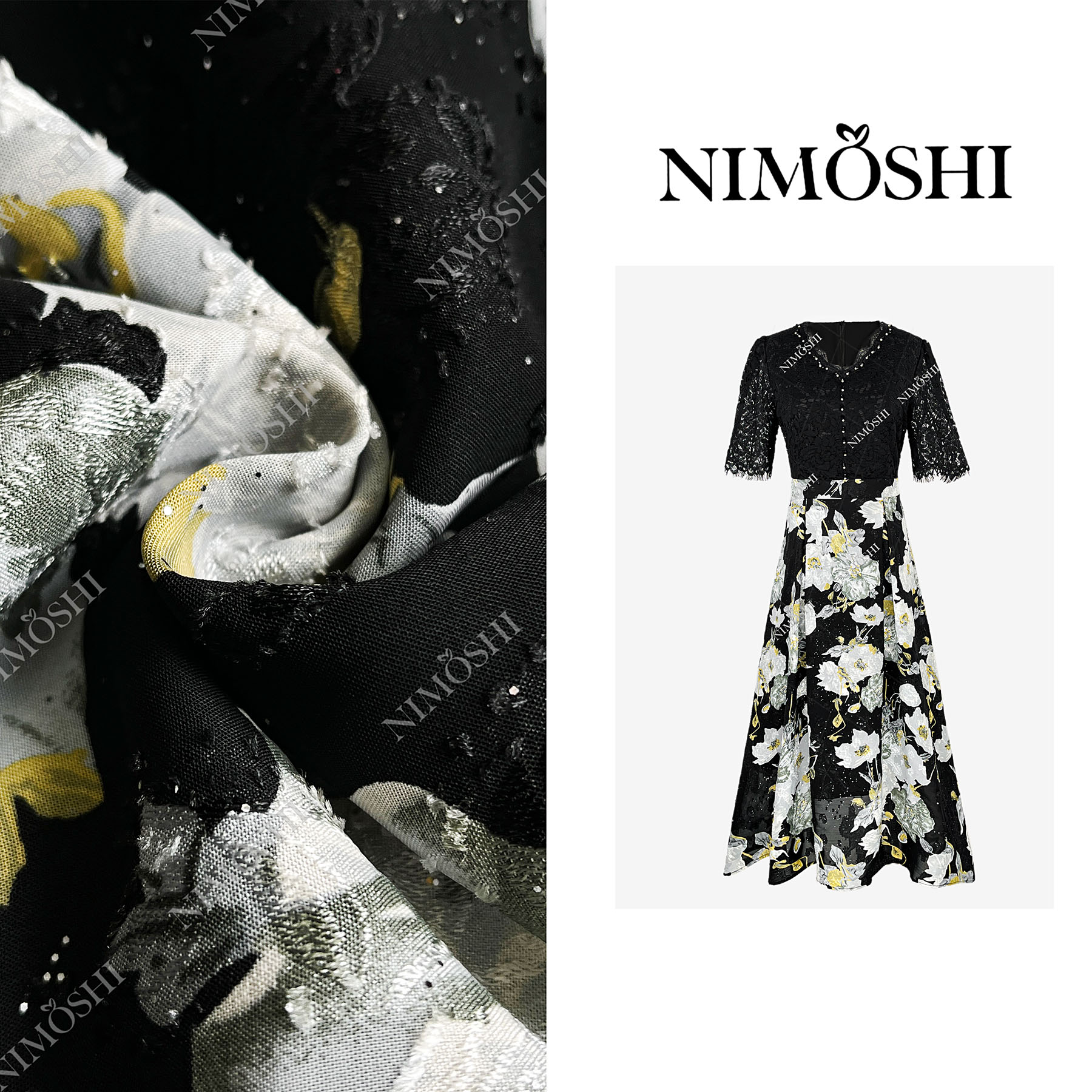 【莎总专属】网纱镂空设计钉珠印花大摆袖气质显瘦连衣裙Q2208