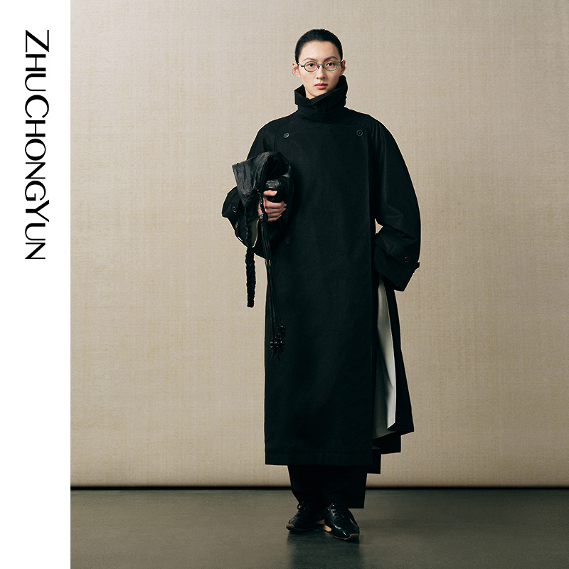 ZHUCHONGYUN2025秋新款廓形直身剪裁撞色开襟风衣外套C1FZ3154F