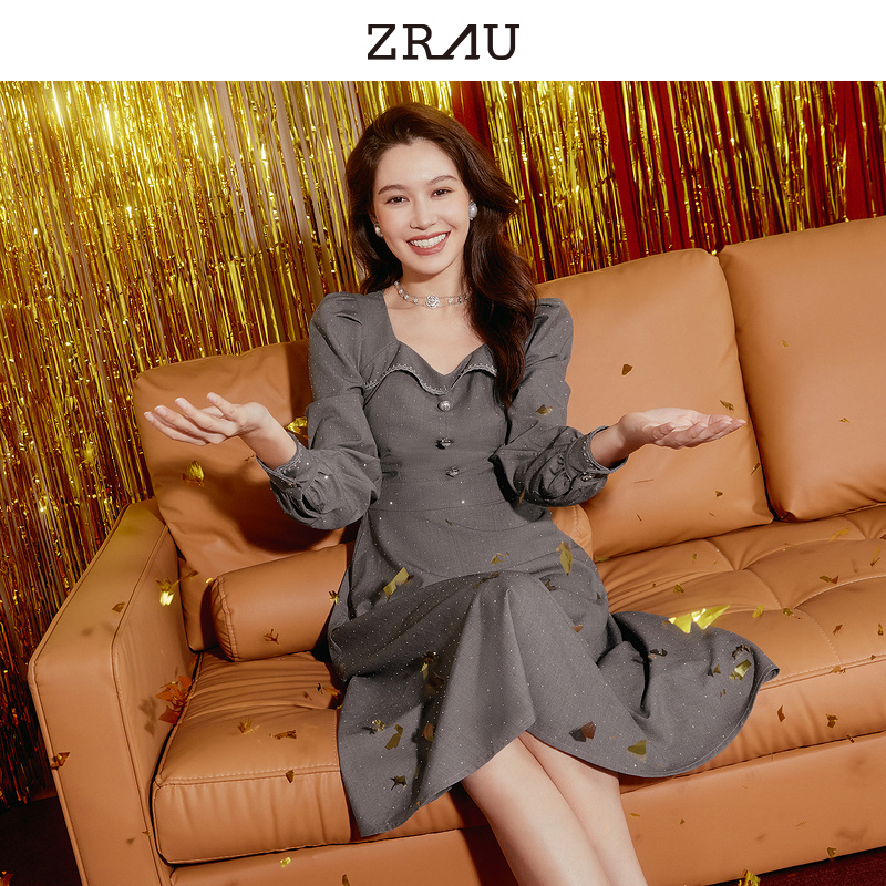 ZRAU春季新款法式方领收腰连衣裙Z1243L0027