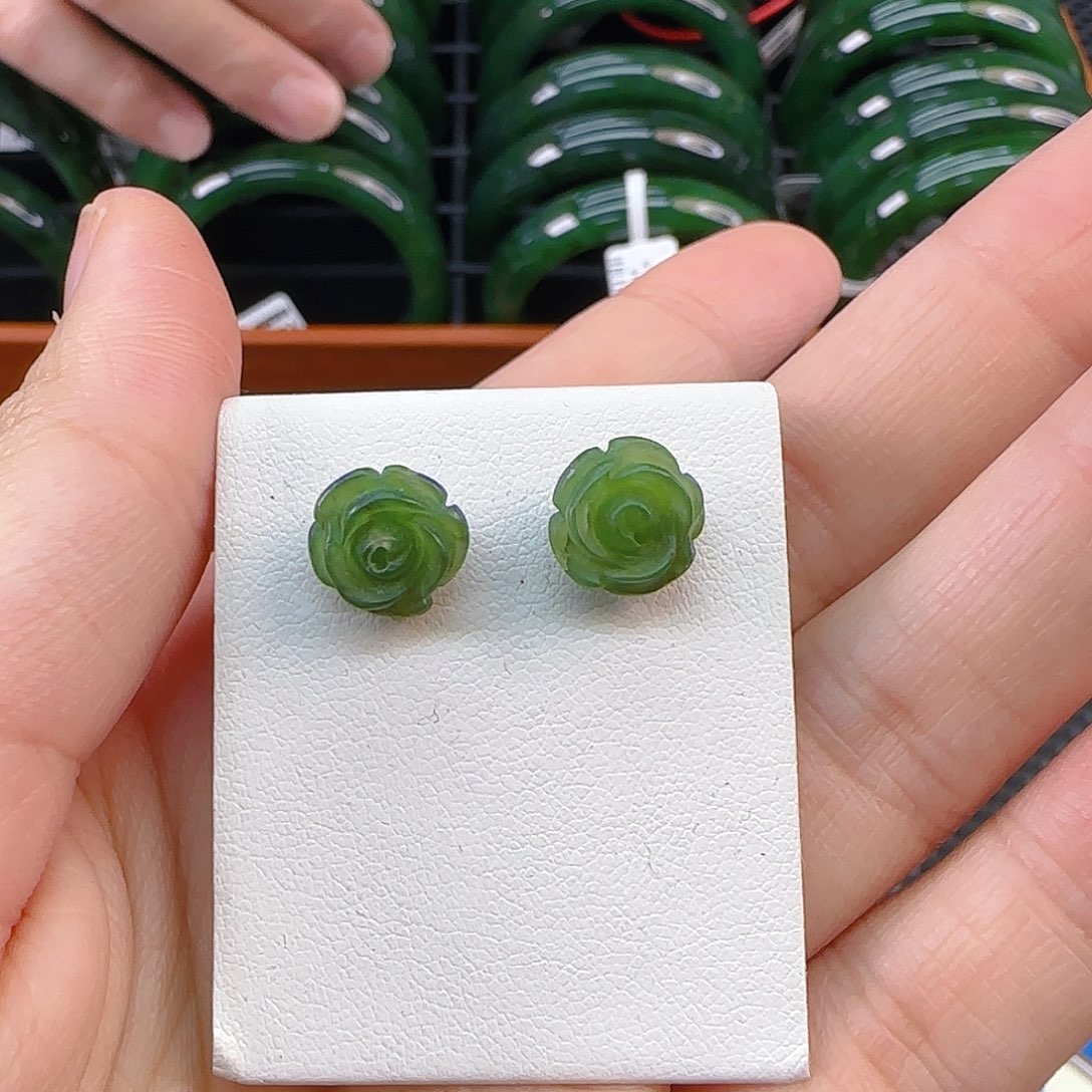 未镶嵌和田玉耳饰碧玉玫瑰耳钉