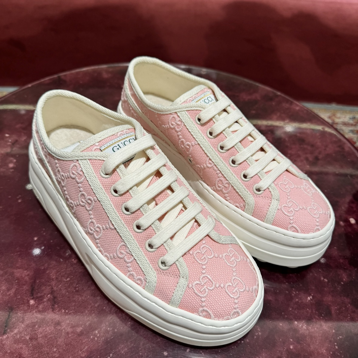 未使用 GUCCI/古驰 女款1977系列粉色双G刺绣厚底时尚板鞋 多尺码