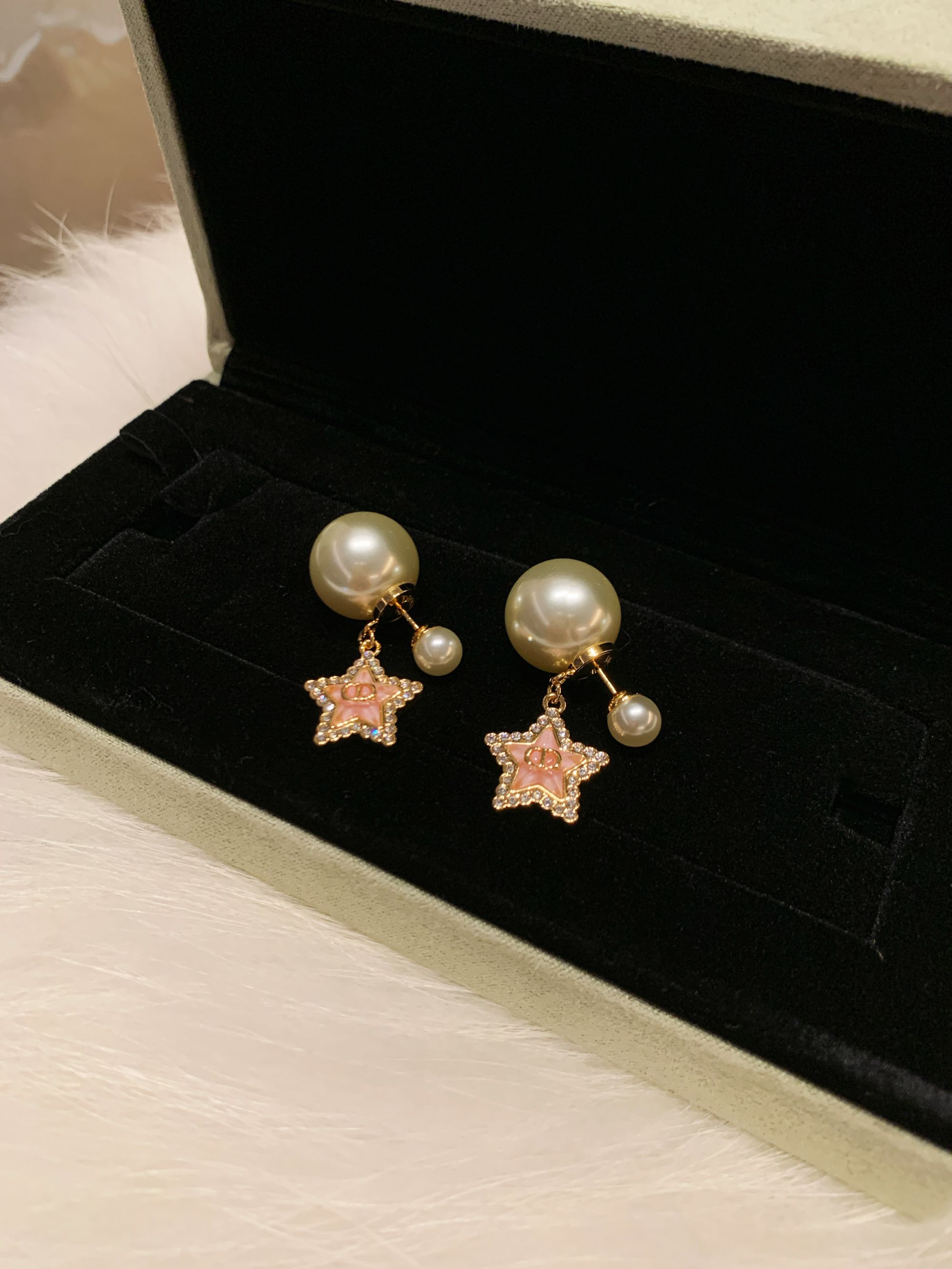 铜合金仿珍珠耳饰 新款法式少女粉五角星吊坠珠珠耳钉MZ4488