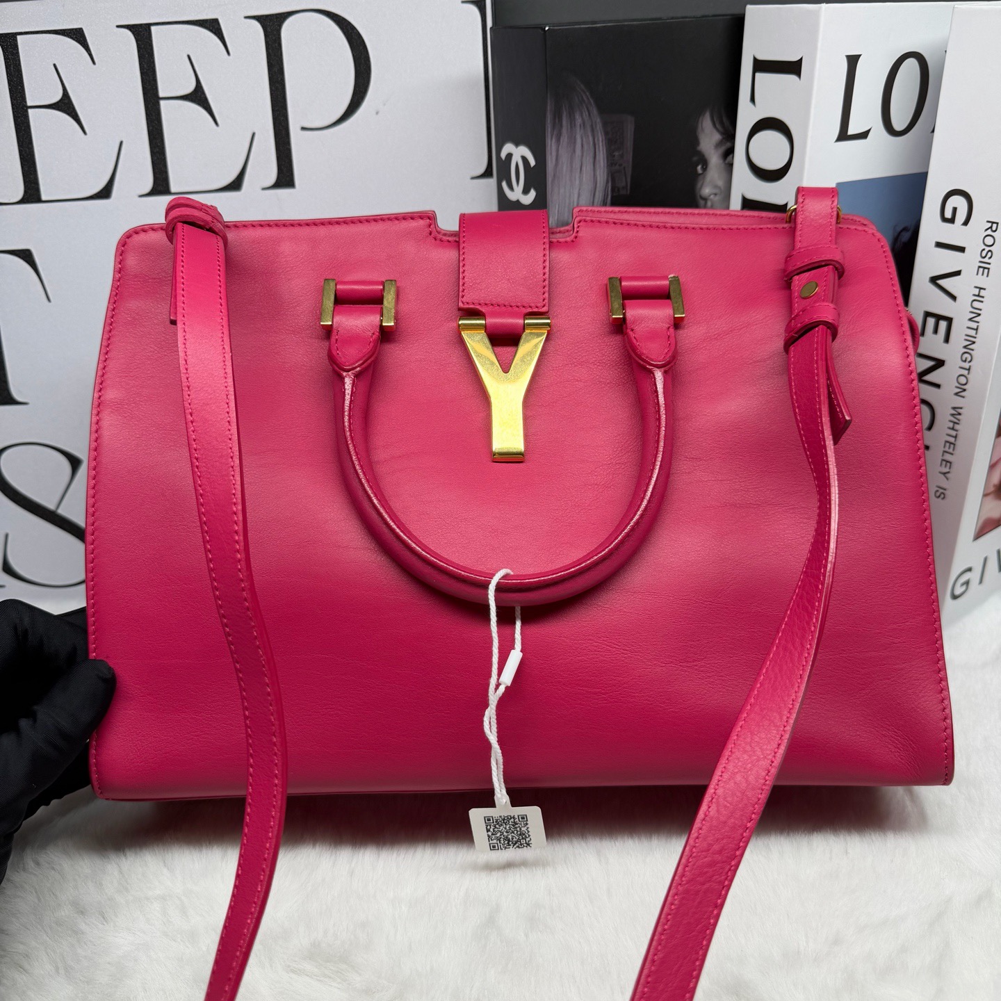 99新 YSL/圣罗兰 粉色全皮Y扣手提包 81621