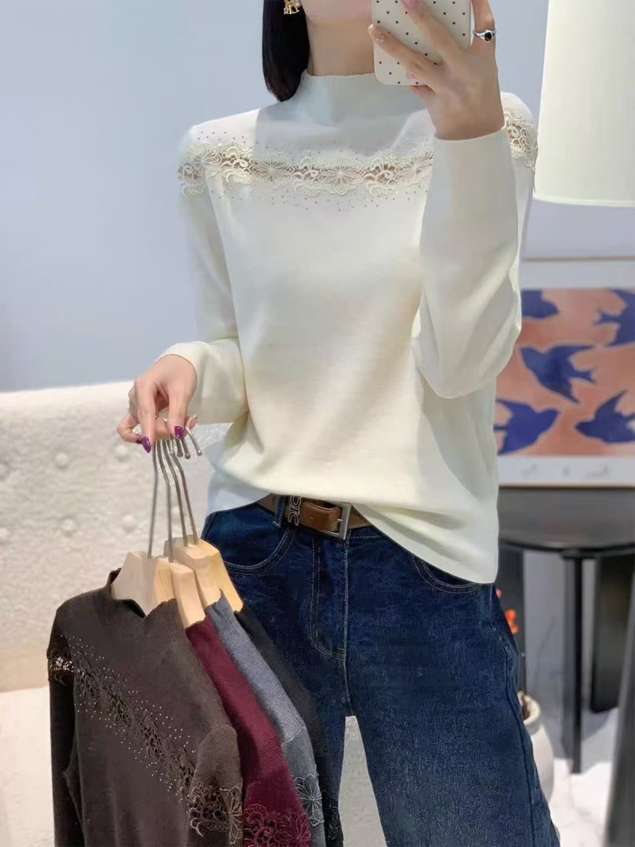 玉姐家秋冬款时尚百搭亮钻波浪蕾丝花边中领毛衣J6413