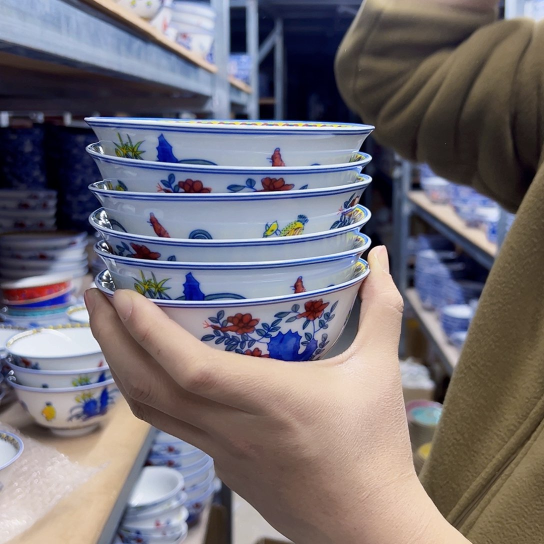 瓷片5.5英寸五彩锦鸡碗6个