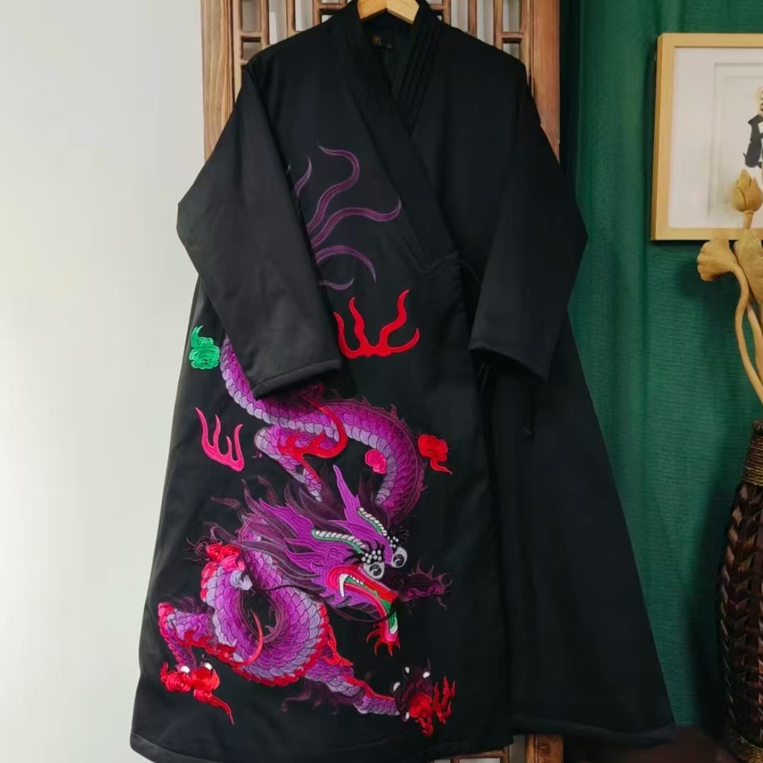 棉（LS441-11）凤徕兮私人定制黑色光板底紫龙刺绣斜襟系带棉服 棉