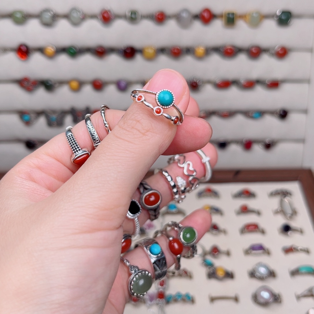 珍***足银大理石松石纯银双层戒指