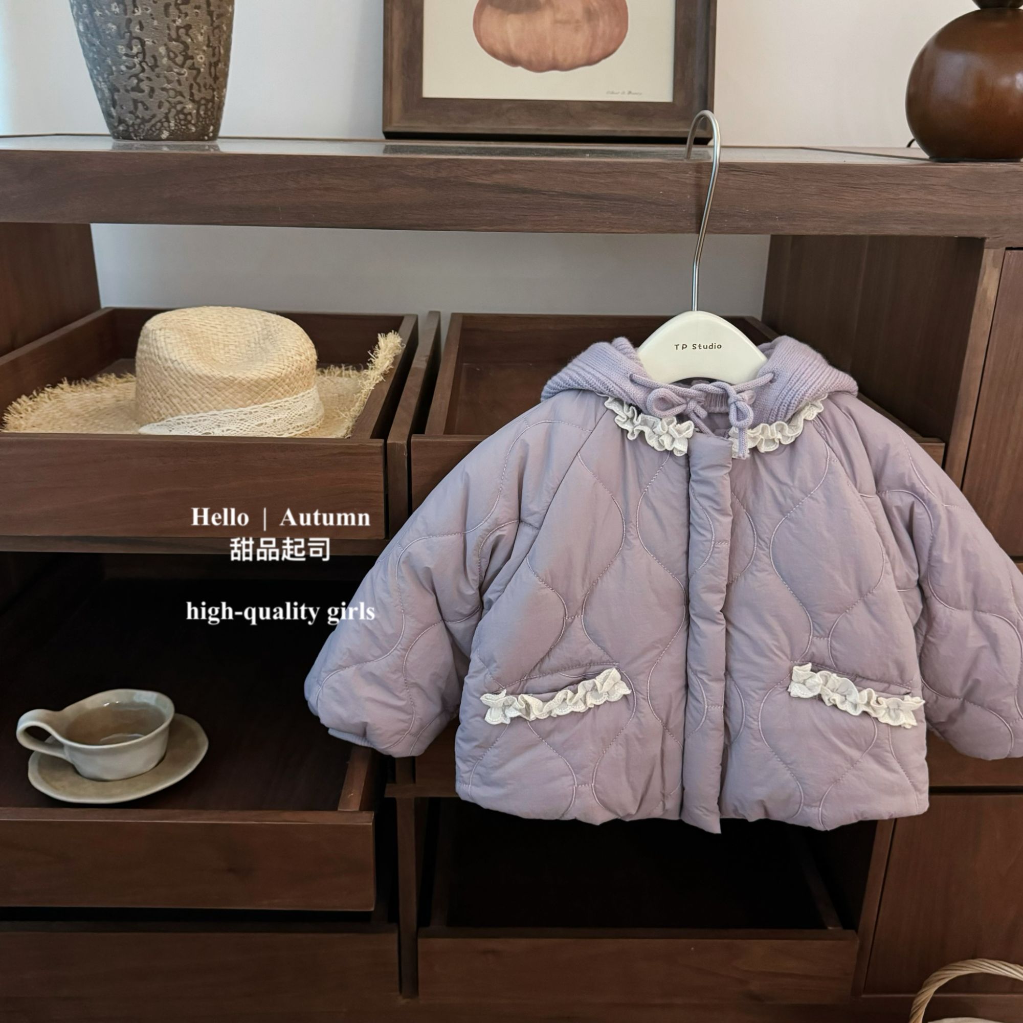 【甜品起司】奶香芋泥！韩系女宝宝花边夹棉保暖外套公主连帽棉服