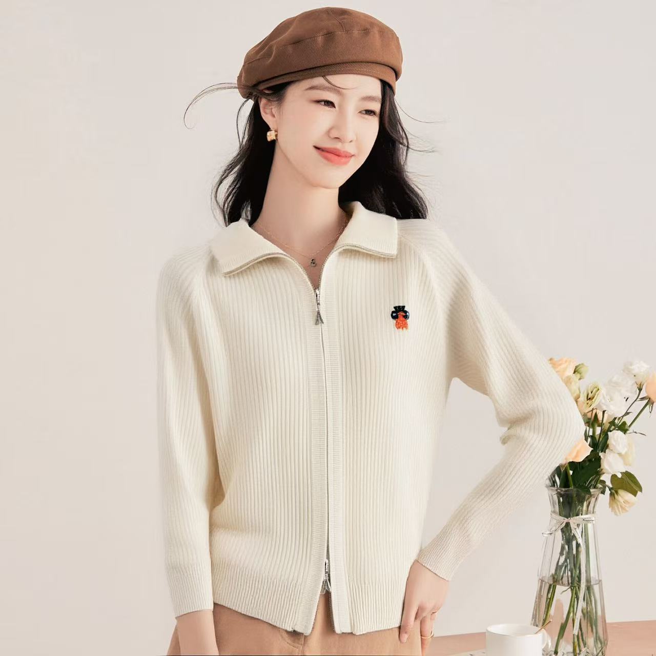 【小蜜蜂双拉链】100%绵羊毛女式羊毛开衫25DAK1129