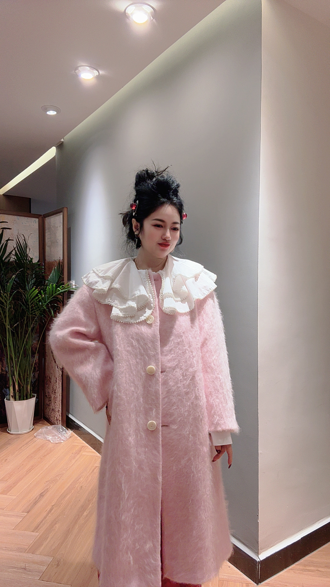 Chouduoduo 山羊绒山雪粉色加厚羊毛中长款大衣外套（微瑕疵特价）