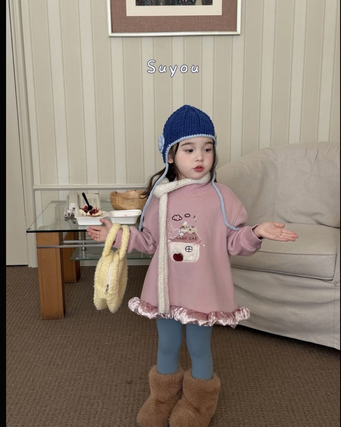 编码拼接汉服冬款拼色卡通加厚韩版上衣洋气女童女