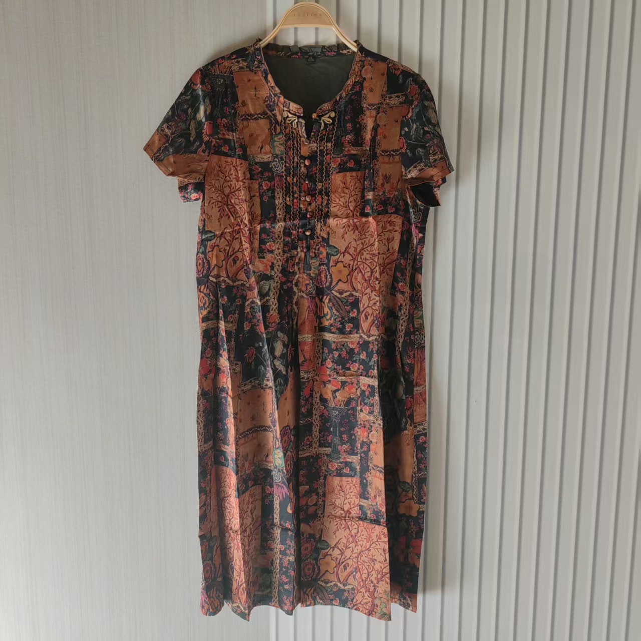 棕色花纹无领衬衫A9