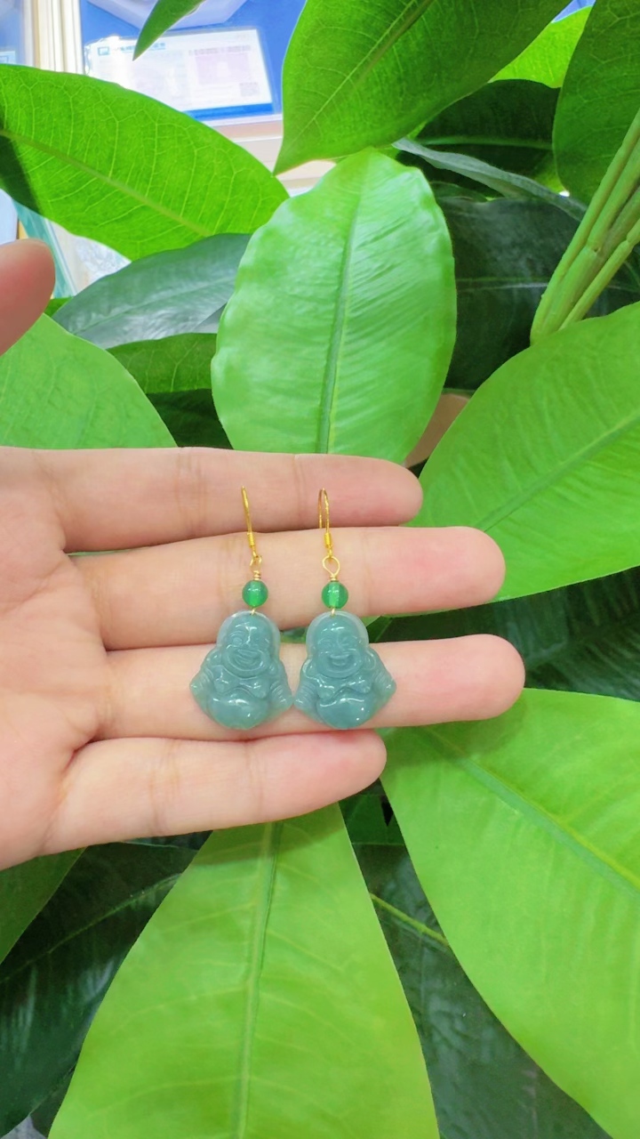 天然翡翠A货佛公耳环（多样性发货只发一对）耳钩925银