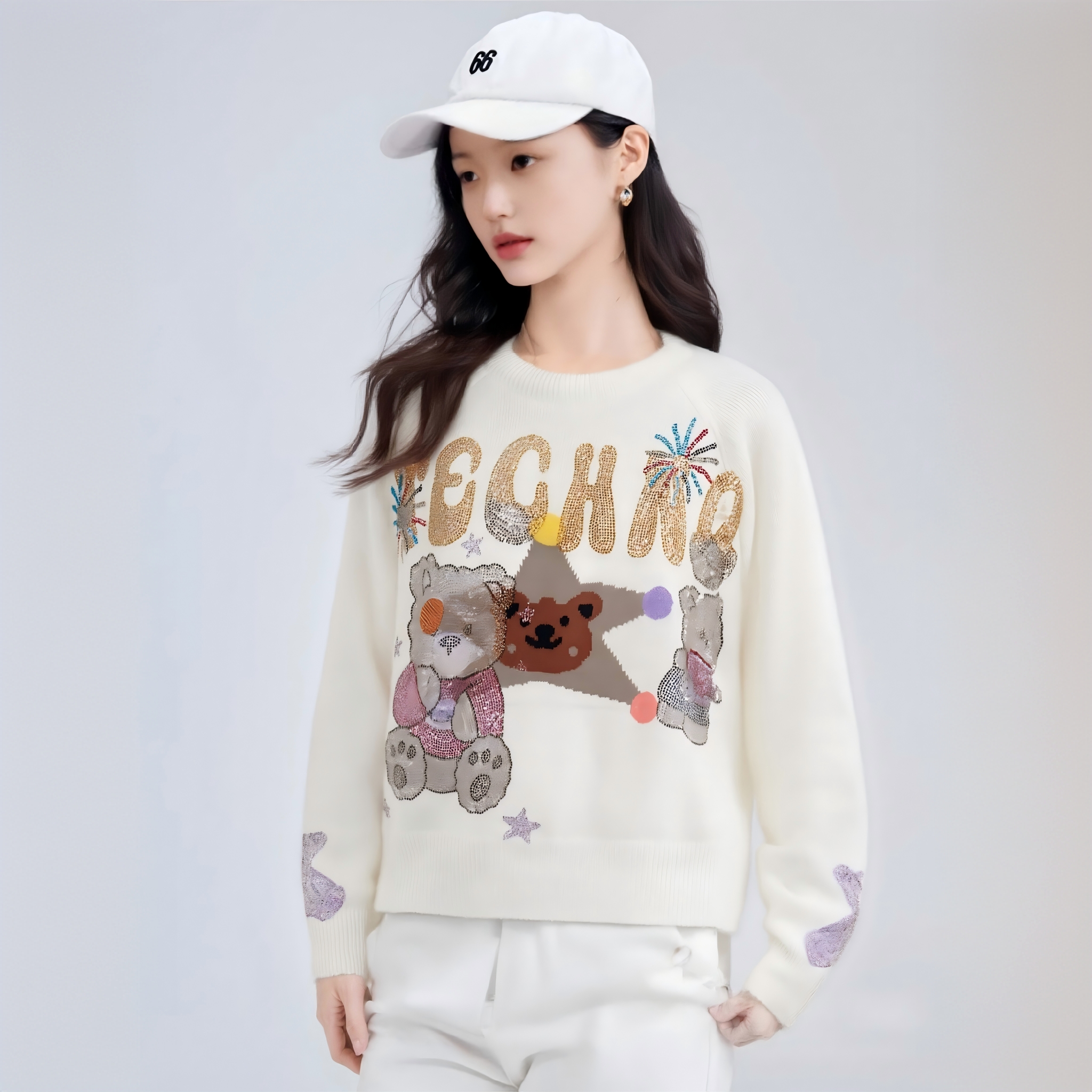 TCH【时尚百搭】冬款时尚烫钻白色休闲风女装针织衫T75D09E1315