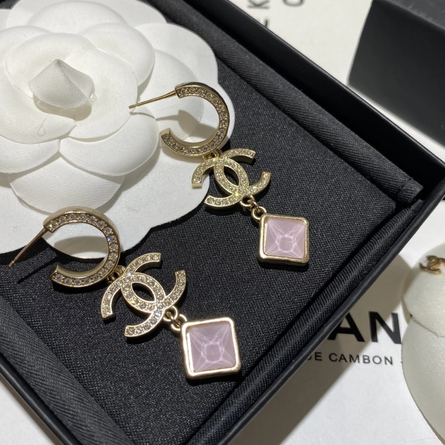 未使用 Chanel/香奈儿 耳钩香槟金流苏耳环方钻粉色精致时尚