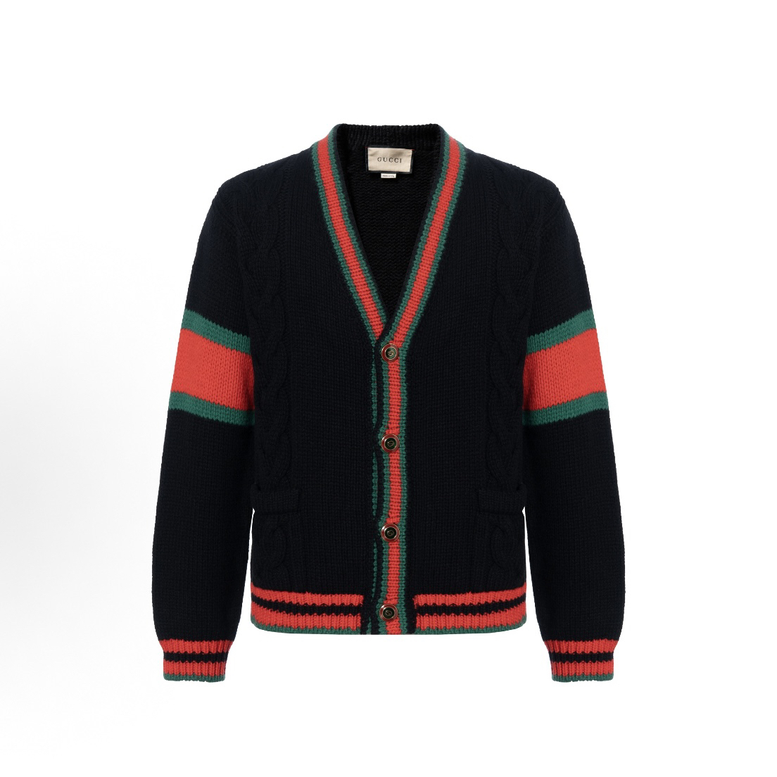 95新 GUCCI/古驰 拼色绞花编织V领针织衫 男款 黑色