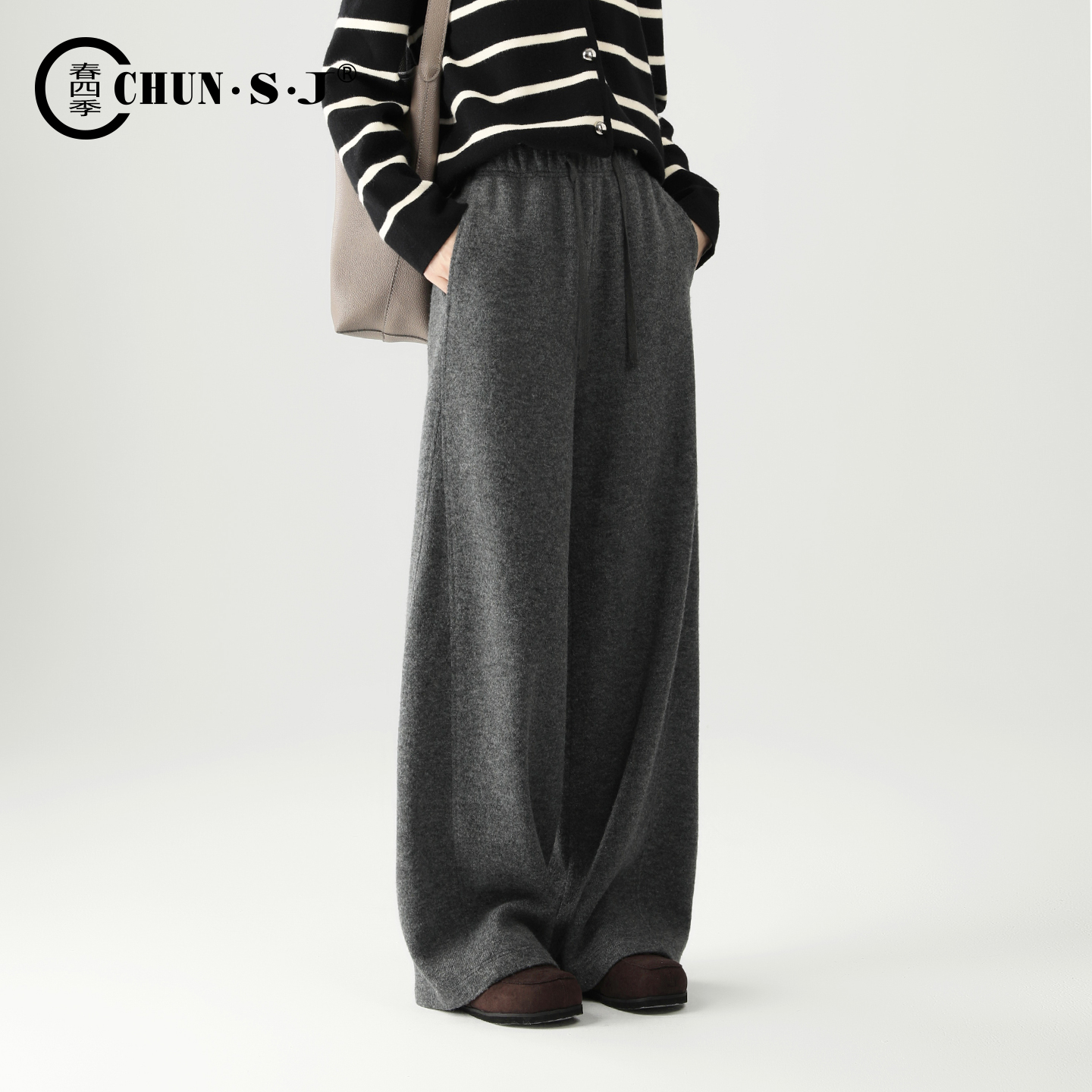 洋气宽松慵懒风灰色毛呢阔腿裤女2025新款冬季含羊毛裤子休闲女裤