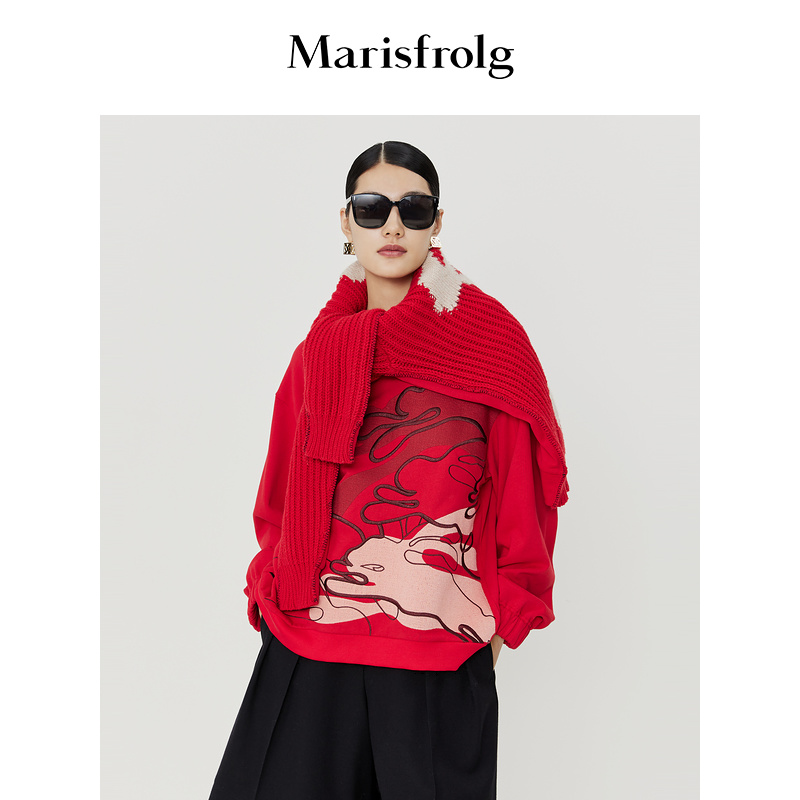 Marisfro玛丝菲尔中国红时尚秋冬加厚印花百搭卫衣A1CX46251