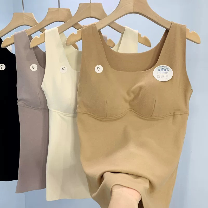 秋冬新款洋气方领磨绒背心女羊绒蛋白保暖上衣带胸垫内衣打底衫潮