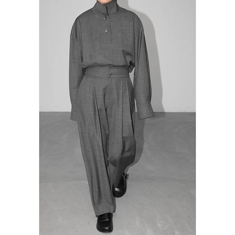 JUZININE原创设计精纺纯羊毛高领衬衫桑蚕丝里布立领极简宽松外套