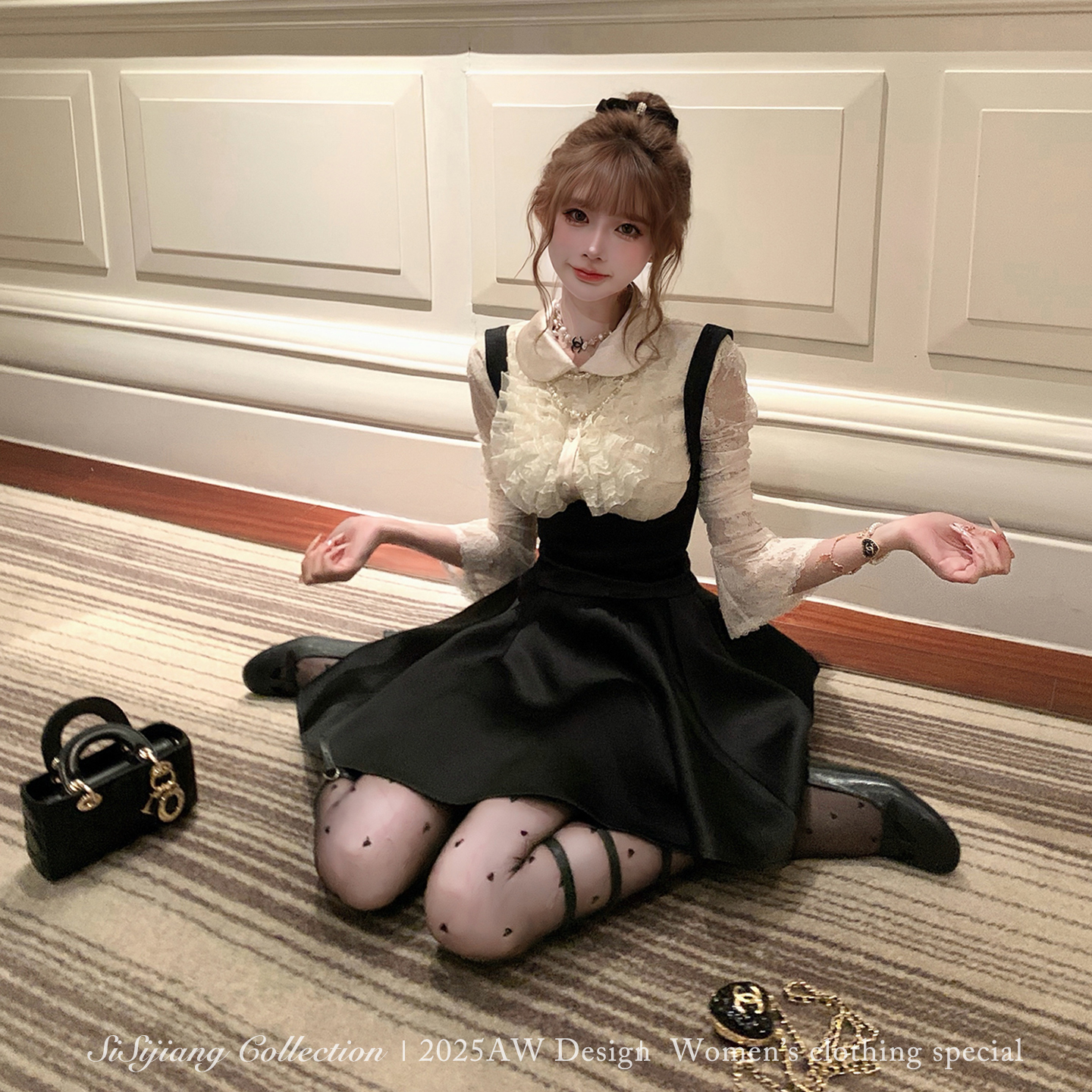 SISI JIANG"中古少女"法式复古蕾丝气质修身收腰娃娃领衬衫套装