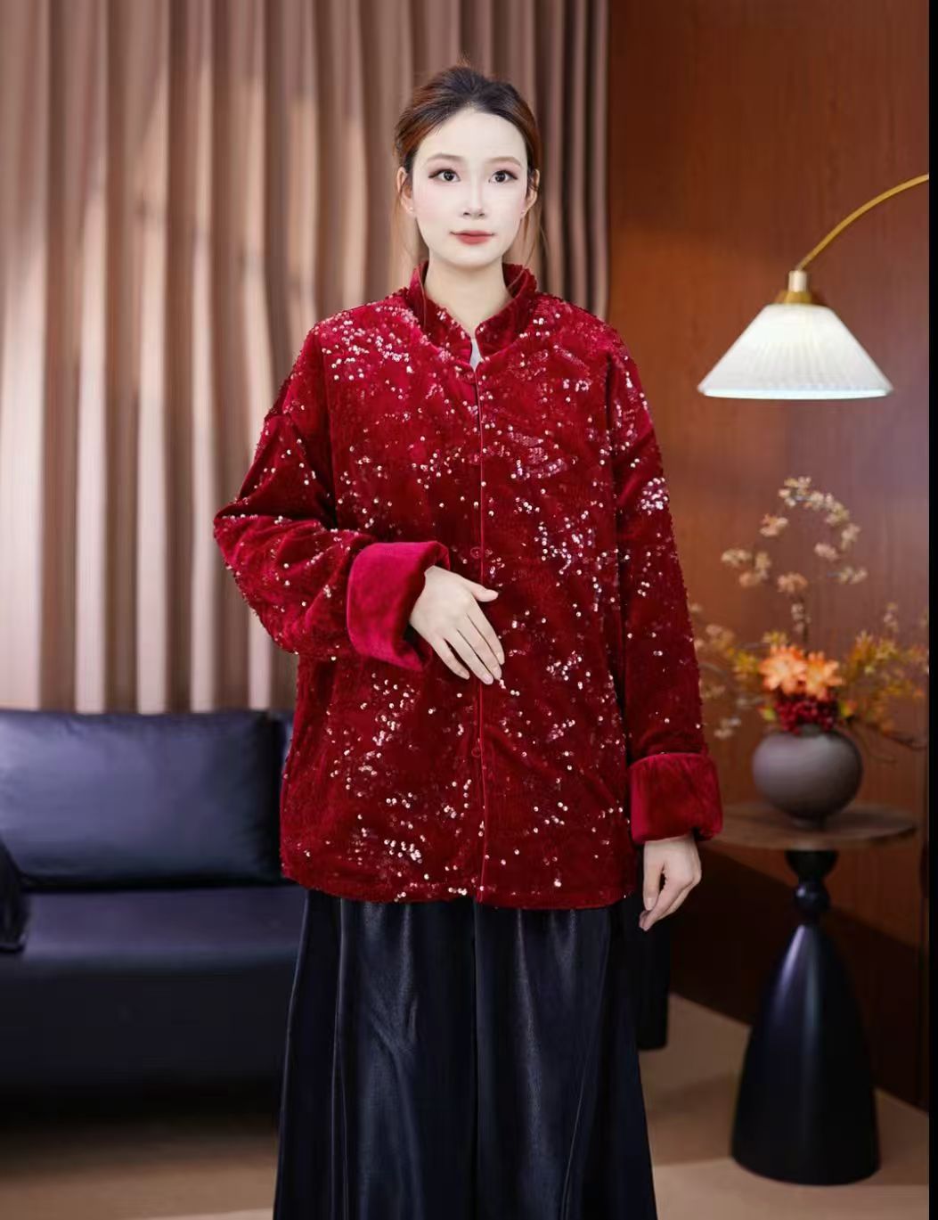 【新春限定】秋冬新款丝绒高端亮片国风中长款外套