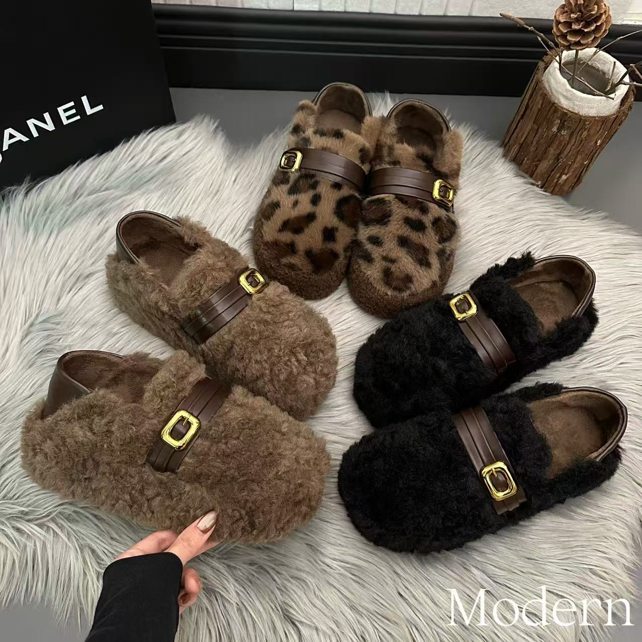 厚底一字金属皮带扣增高加绒外穿女2025秋冬一脚蹬百搭棉毛毛鞋