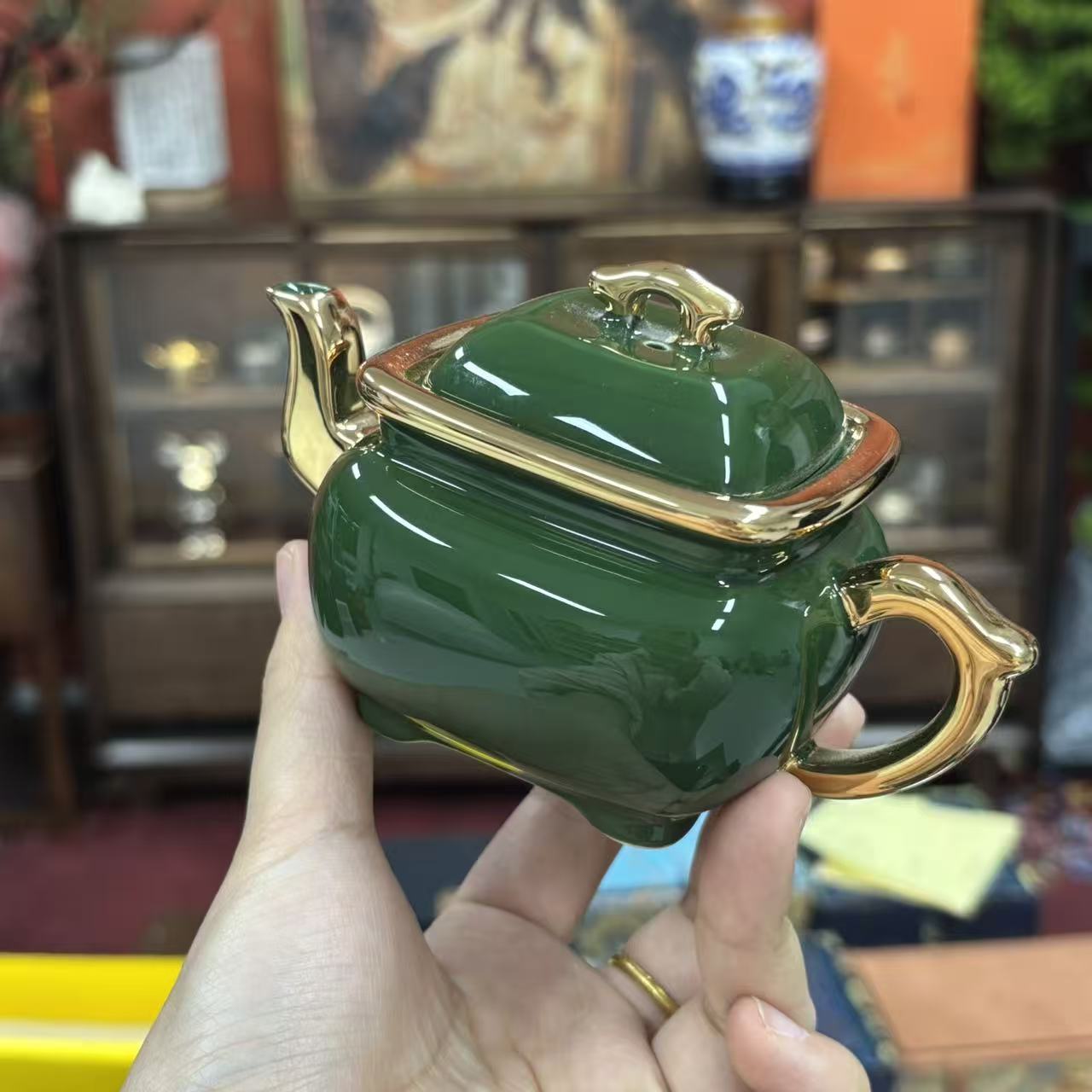 其他陶瓷@@@@@@@@@@宝石绿四方小泡壶