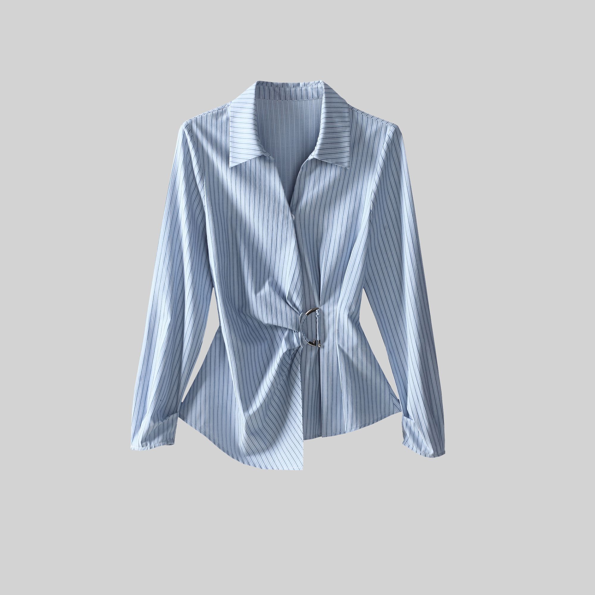 〈纪朵研〉1330小衫条纹长袖夏女装显瘦法式修身衬衫气质上衣女