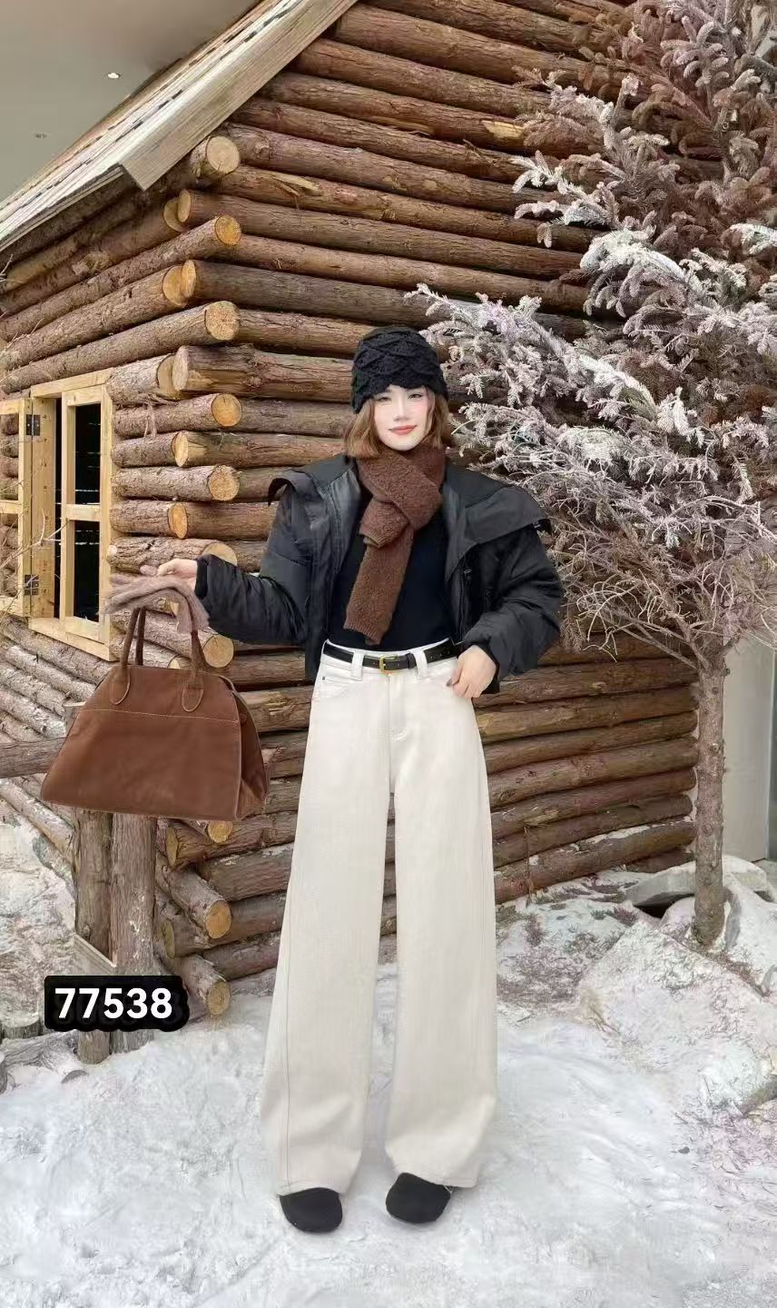 冬季新款百搭白色加绒直筒裤磨毛休闲宽松西显瘦牛仔裤KZ042#