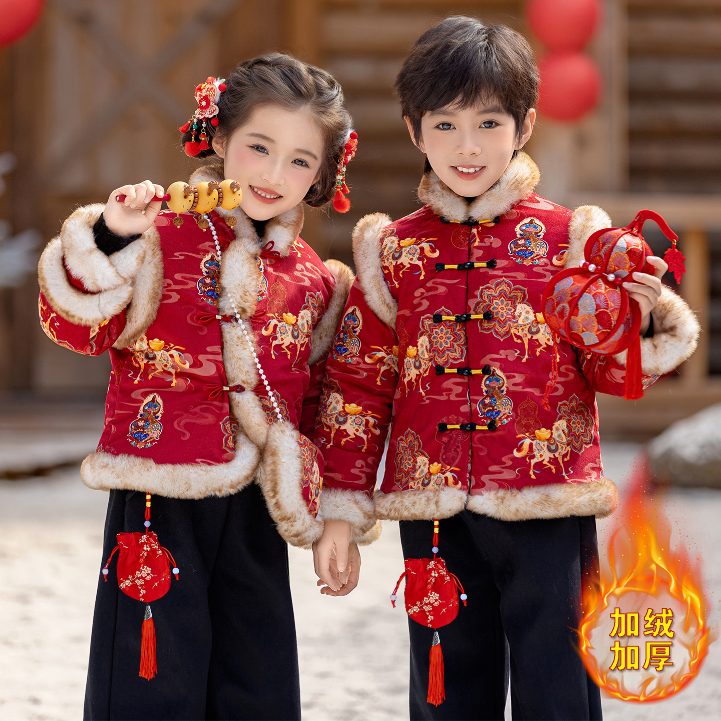 男女宝宝加绒国风拜年服套装冬季新款洋气时髦汉服元旦表演服套装