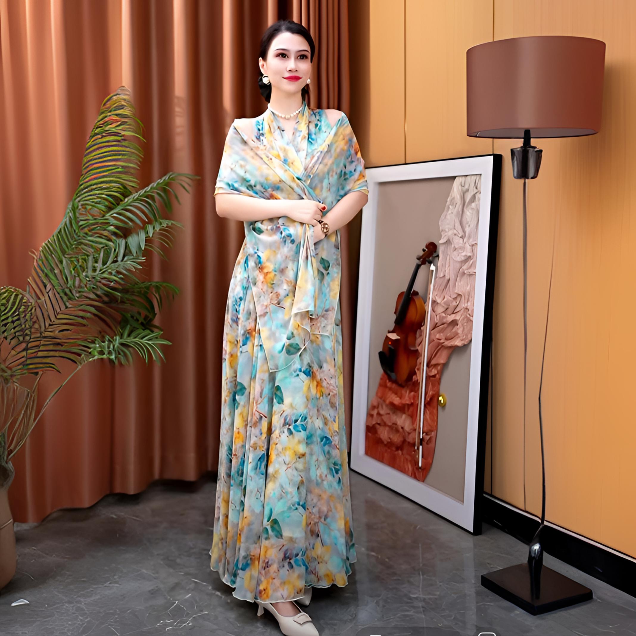 香衣丽华17-390夏季新款无袖套头挂脖花色大摆连衣裙修身显瘦长裙