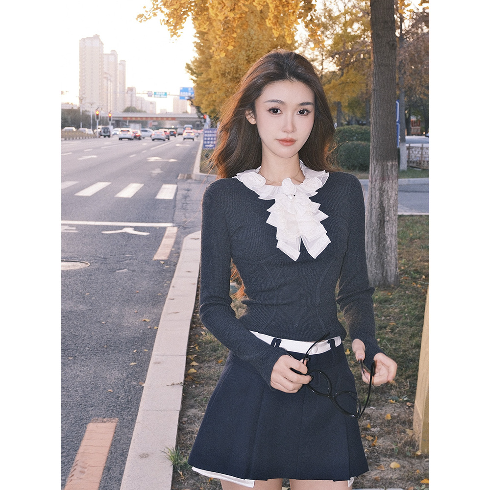 【DÉ MYSTÈRE】拉拉家冬季甜美减龄荷叶领修身针织打底上衣GZJ68263