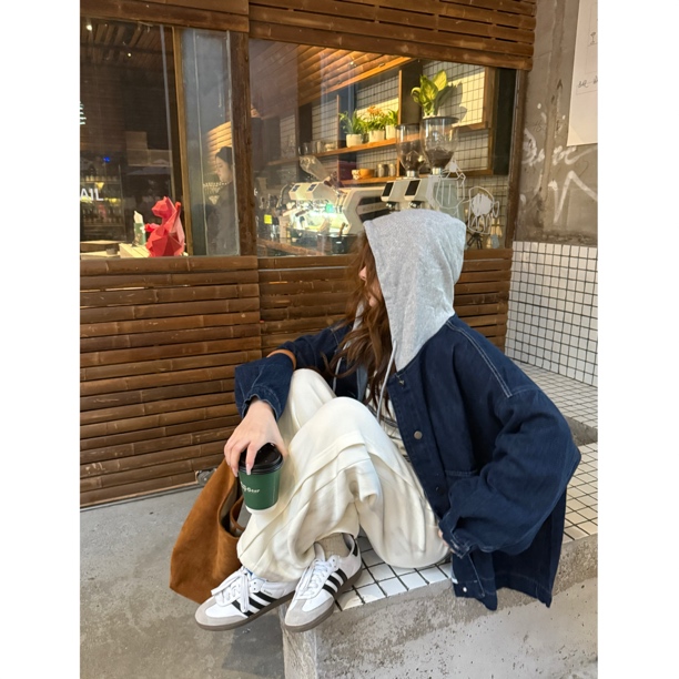 NGGAI 韩系做旧复古牛仔连帽外套