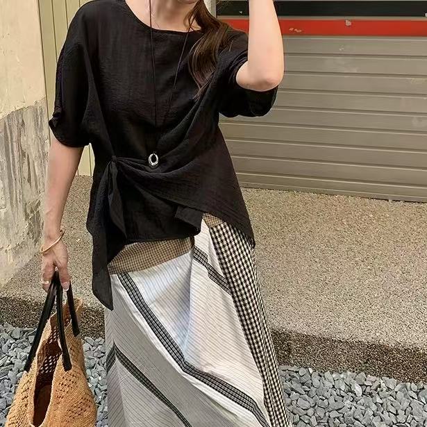 731/9650   法式度假风绑带娃娃衫女不规则气质掐腰衬衫