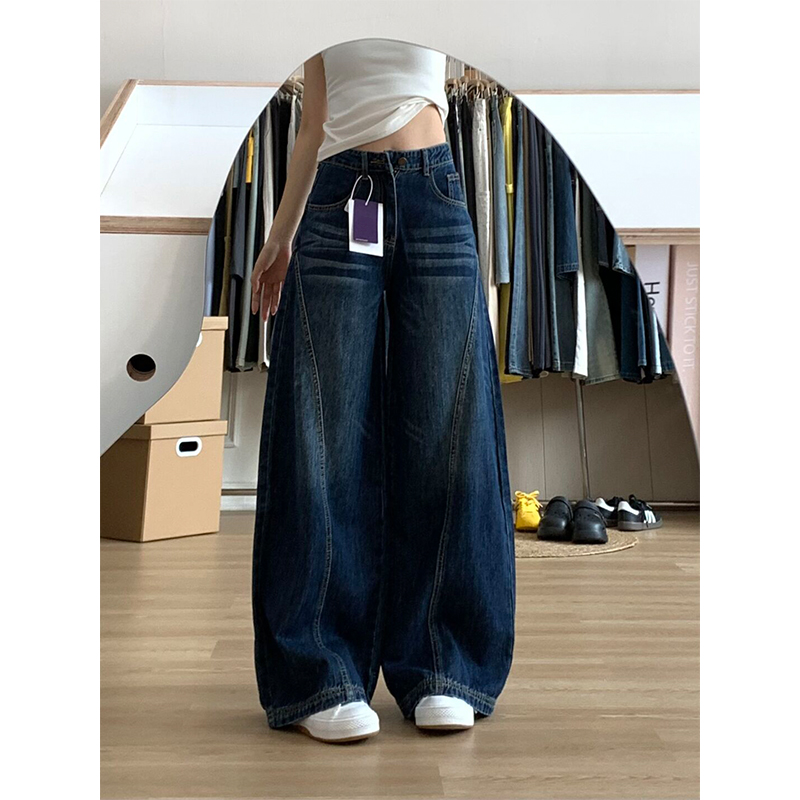 复古水洗深蓝色弯刀牛仔裤女夏秋新款宽松显瘦美式高腰垂感阔腿裤