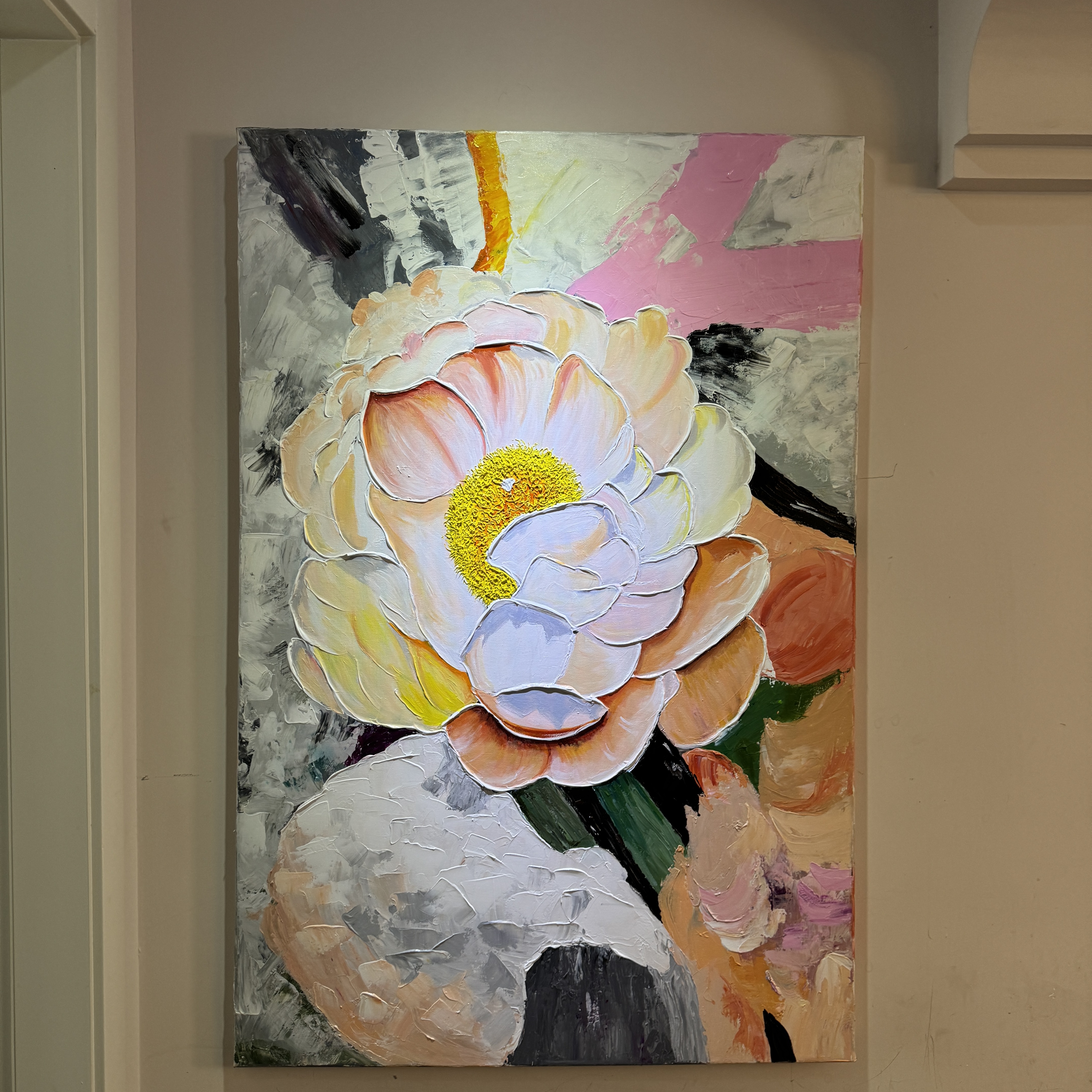 奶油风牡丹纯手绘油画客厅沙发背景墙装饰画立体肌理花卉玄关挂画