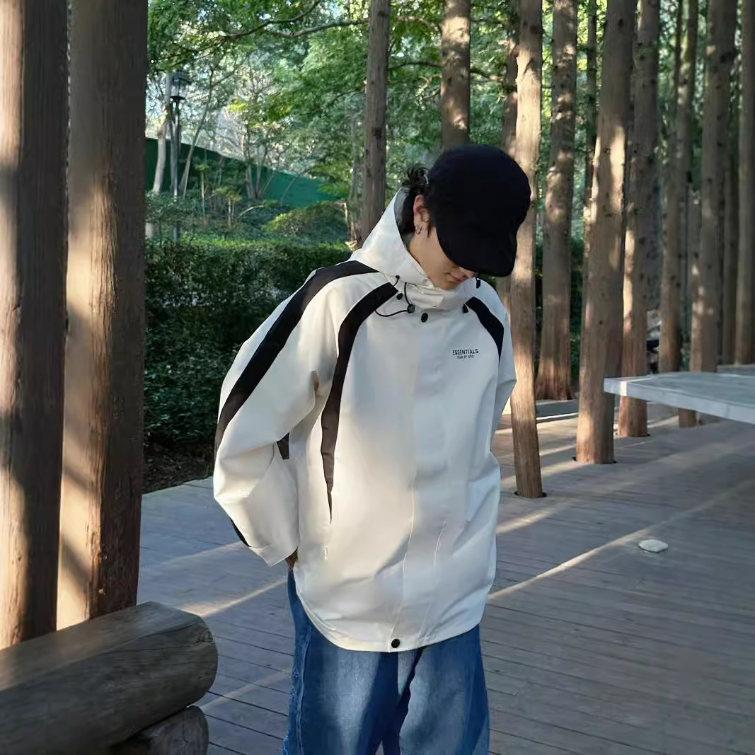 ESSENTIALS黑白拼接薄款连帽冲锋衣潮牌情侣登山服户外宽松风衣