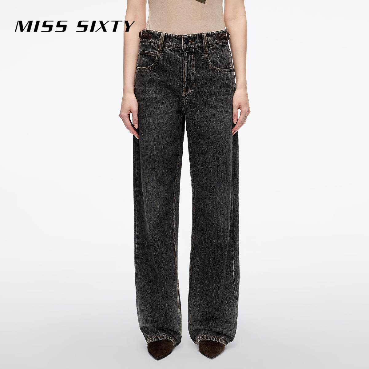Miss Sixty2025秋季新款牛仔裤女拼皮袢带设计磨破做旧宽松萝卜裤