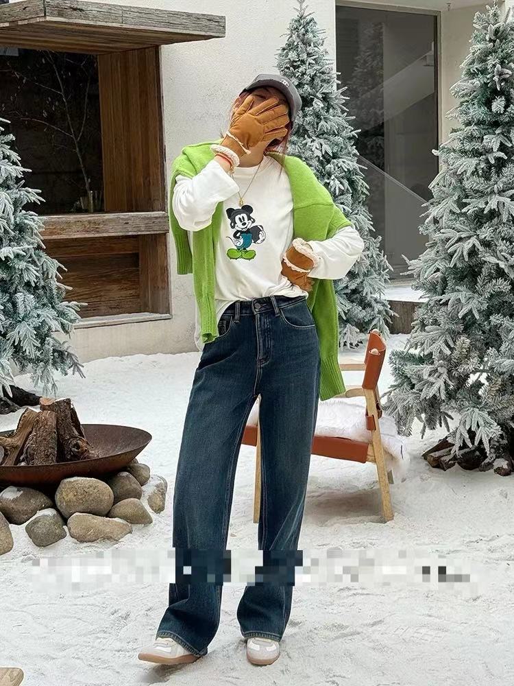 100牛仔裤女冬新款直筒裤时尚休闲显瘦高腰直筒裤