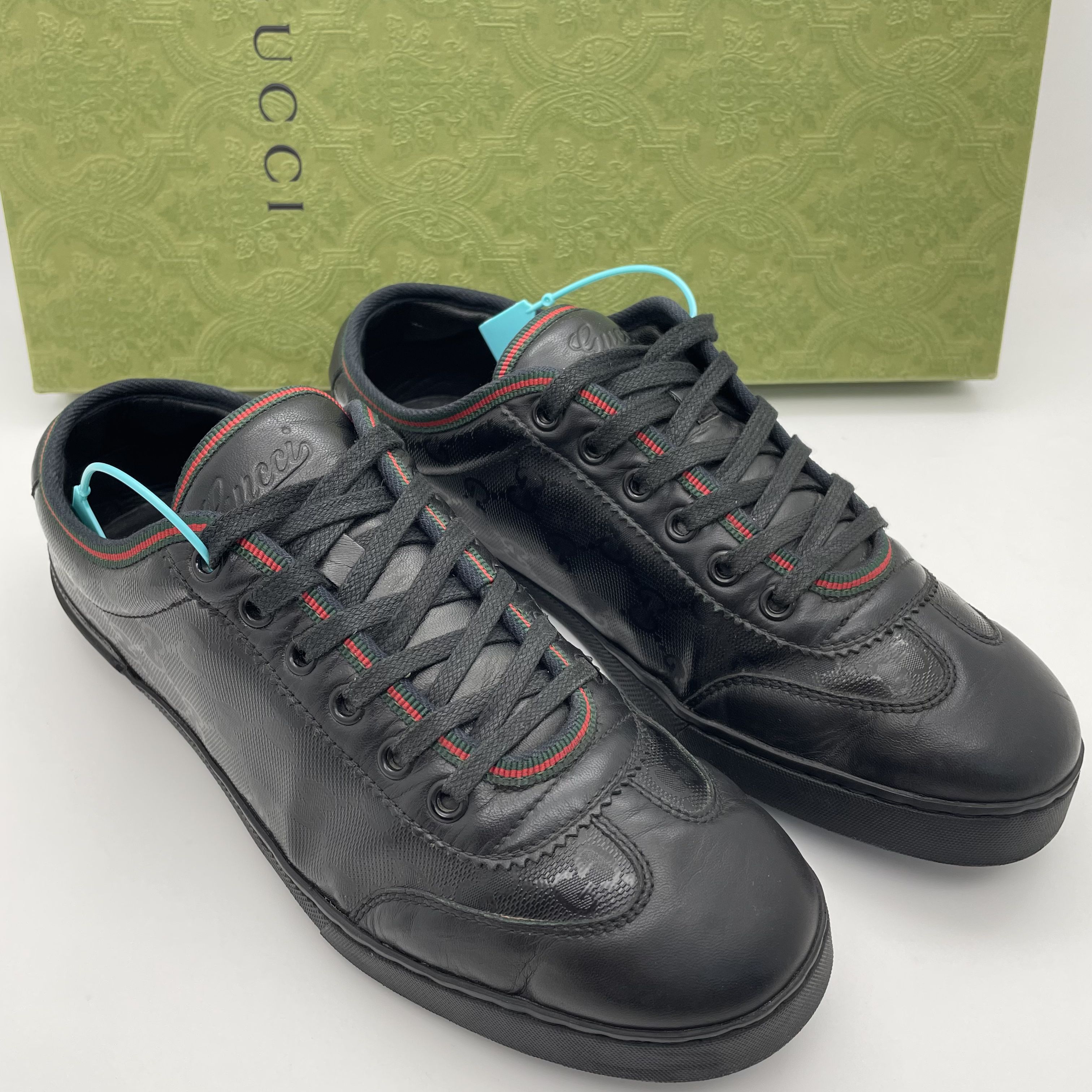 95新 GUCCI/古驰 39.5欧码/黑色亮面双G老花休闲德训板鞋