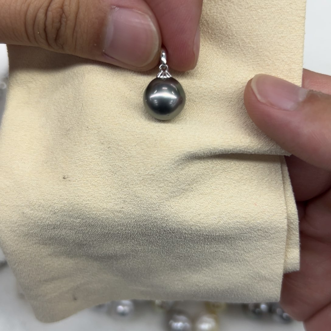 银S925镶嵌吊坠(不含链)海水珍珠10mm大溪地铂金灰