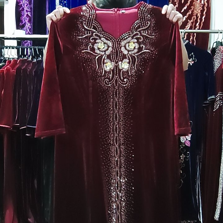 深酒红色金丝绒重工v领中长连衣裙5XL150-165内胸120腰110